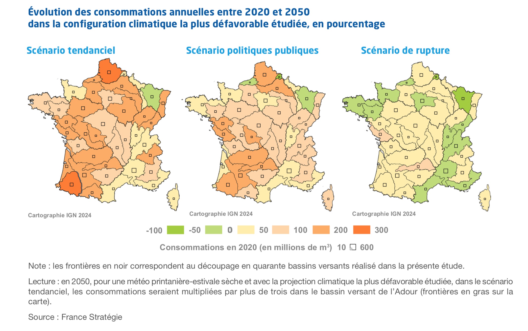 Évolution des consommations annuelles entre 2020 et 2050dans la configuration climatique la plus défavorable étudiée, en pourcentage, source : France Stratégie.